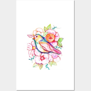 floral bird illustration with rainbow colors, peonies, pink flowers, pink bird, cute illustration Posters and Art